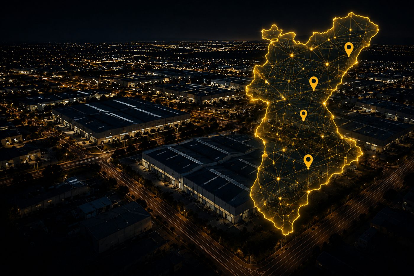 Vista aérea nocturna de un polígono industrial con la Comunitat Valenciana iluminada sobre el mapa